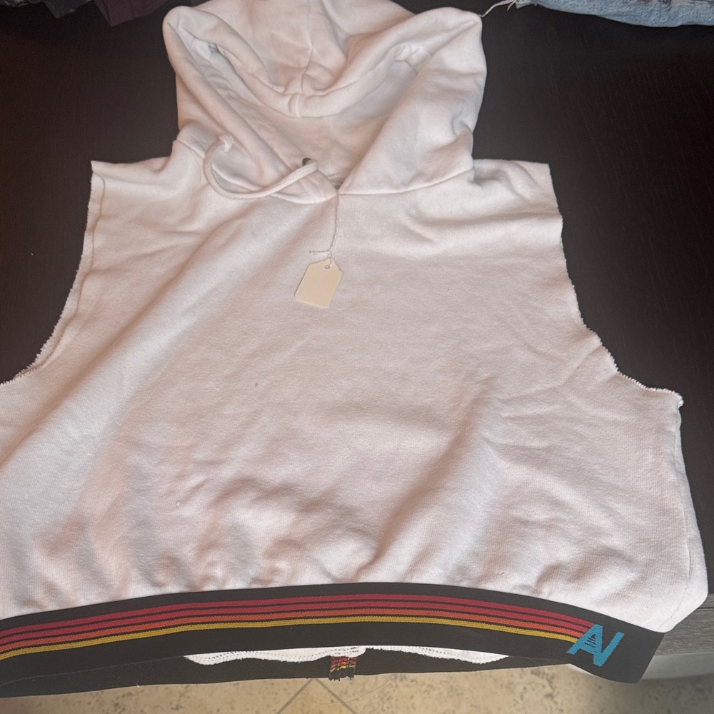 Aviator Nation White Sleeveless Hoodie with Rainbow Trim CROP